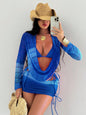 Women's Swimsuit Tie-Dye Print Mesh Long Sleeve Beach Dress Sexy Bikini Four-Piece Set