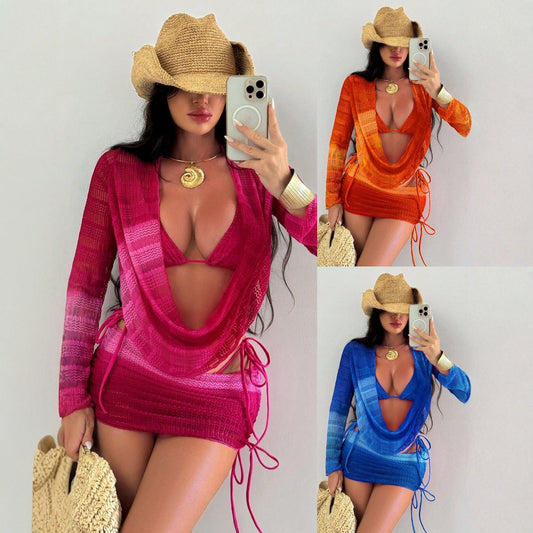 Women's Swimsuit Tie-Dye Print Mesh Long Sleeve Beach Dress Sexy Bikini Four-Piece Set