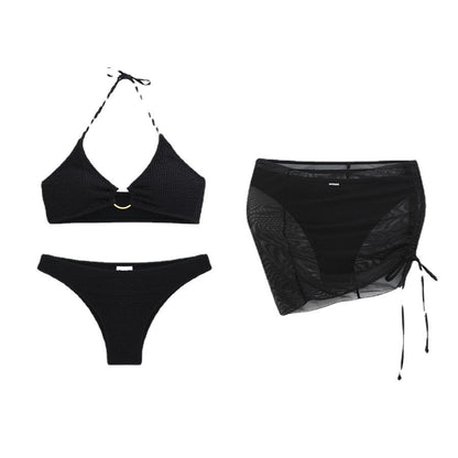 Women's Two-Piece Swimsuit Slim Solid Color Sexy Bikini Halter Three-Piece Set