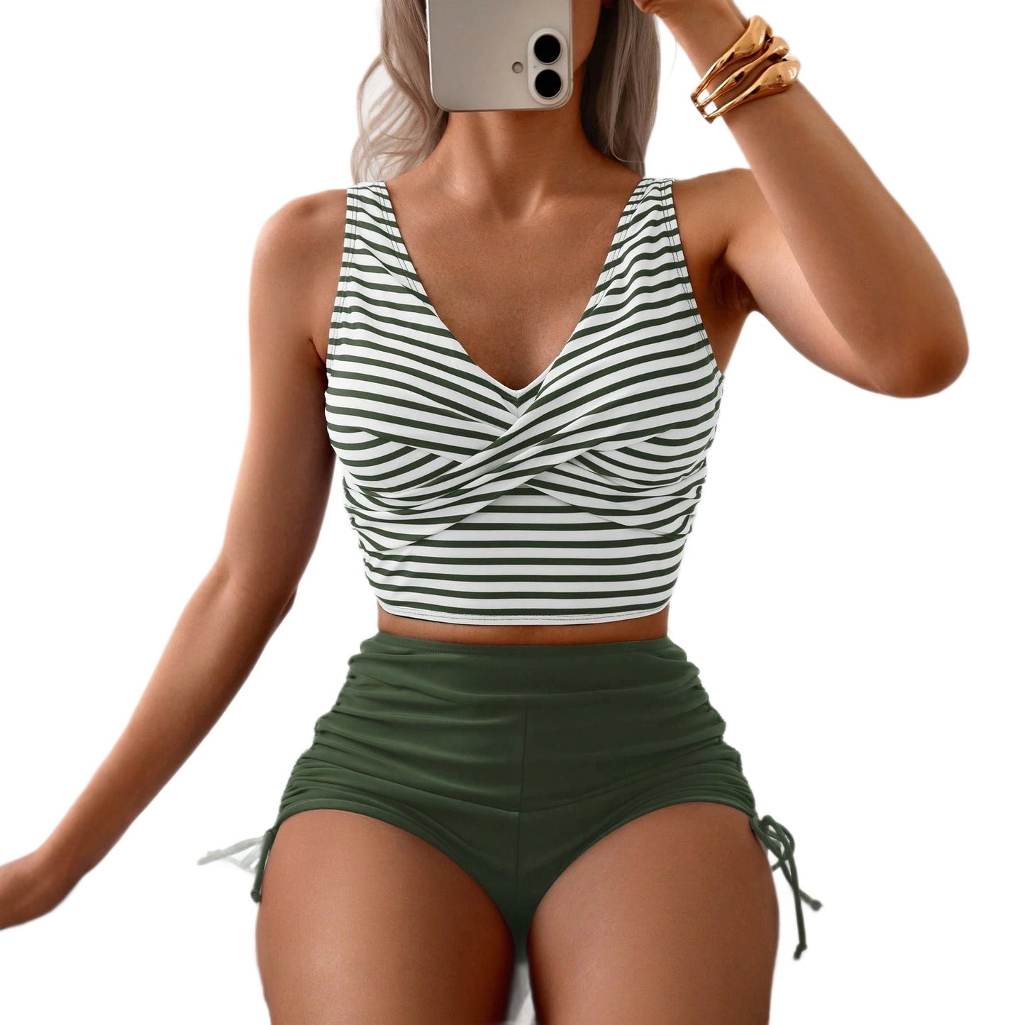 Women's Quick Dry Tight Cross Back Tank High Waist Drawstring Boxer Briefs Two Piece Swimsuit Bikini