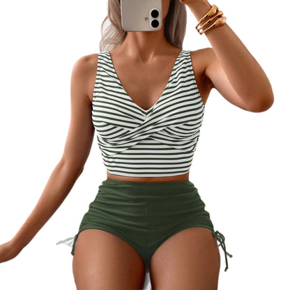 Women's Quick Dry Tight Cross Back Tank High Waist Drawstring Boxer Briefs Two Piece Swimsuit Bikini