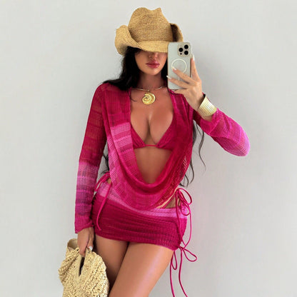 Women's Swimsuit Tie-Dye Print Mesh Long Sleeve Beach Dress Sexy Bikini Four-Piece Set