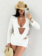 Women's Swimsuit Tie-Dye Print Mesh Long Sleeve Beach Dress Sexy Bikini Four-Piece Set