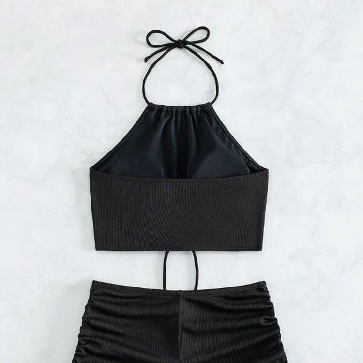 Solid Color Sling Two-Piece Swimsuit Women's Square Leg Sports Beach Bikini Swimwear