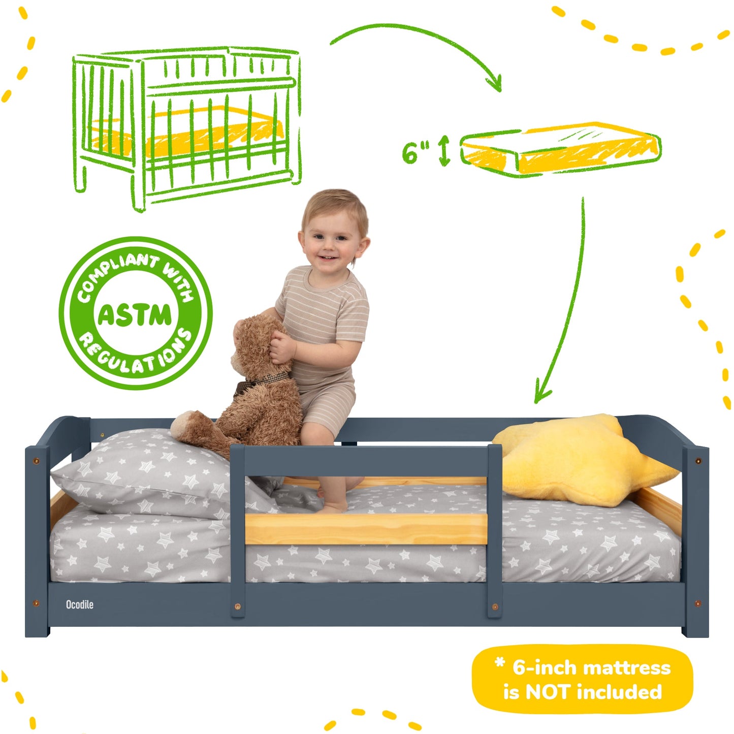 Crib Size Wooden Floor Bed with Safety Rails for Kids Age 1–3
