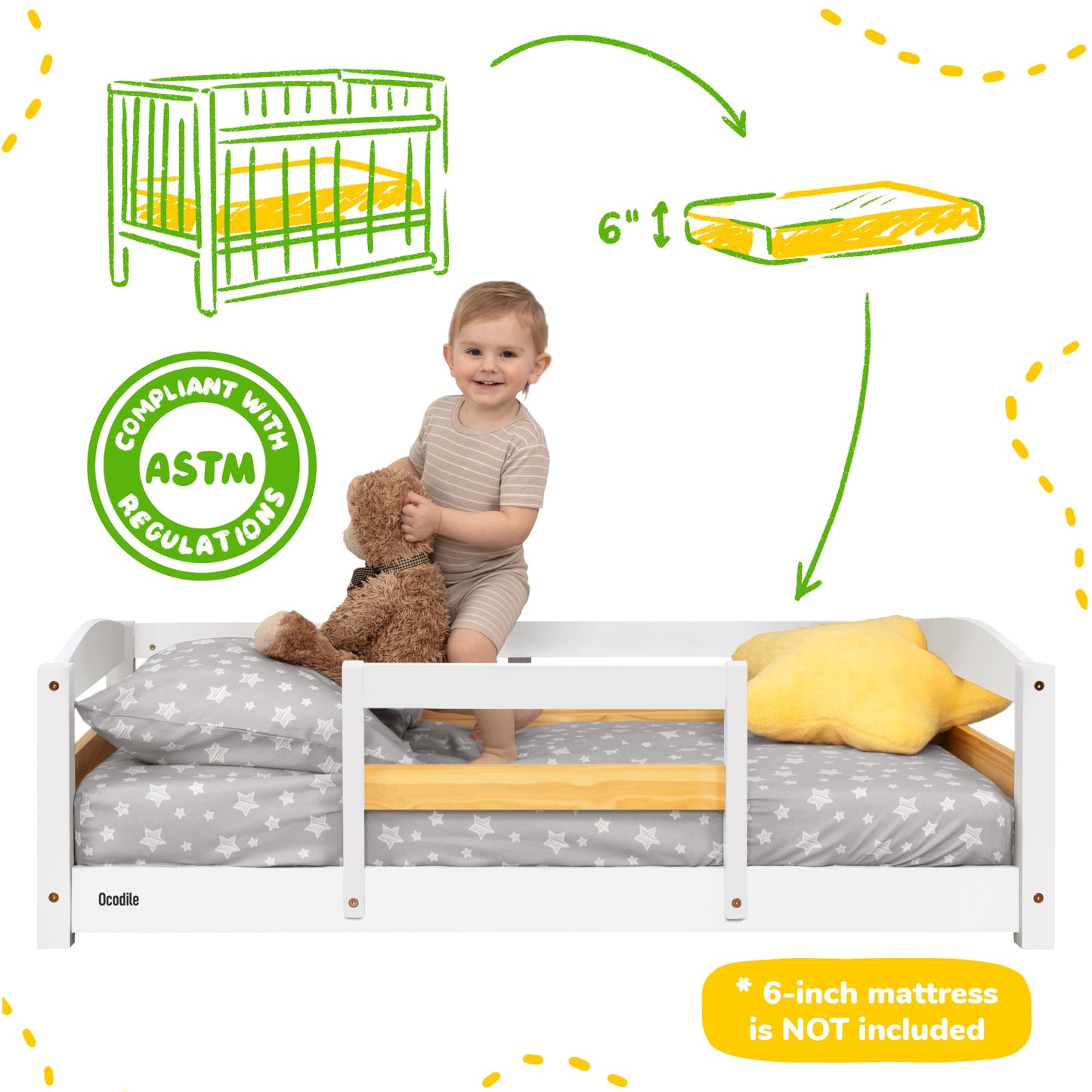 Crib Size Wooden Floor Bed with Safety Rails for Kids Age 1–3