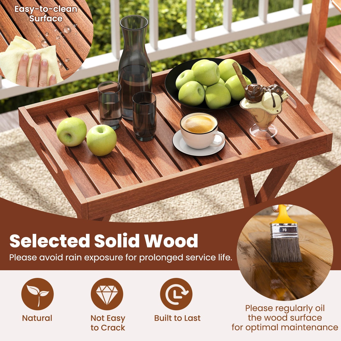 Outdoor Patio Solid Wood Tray Table with Removable Top No Assembly Required
