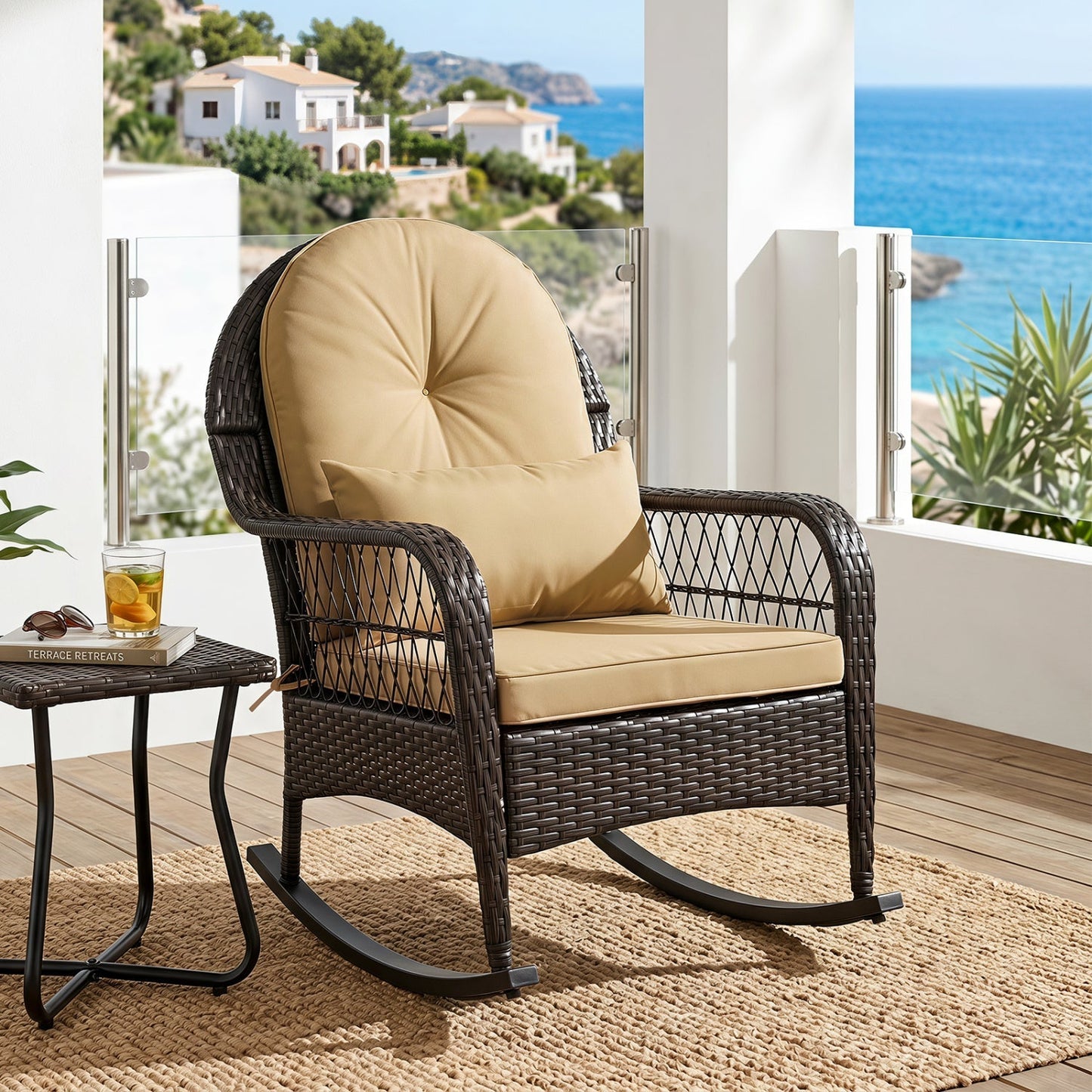 Outdoor Wicker Rocking Chair with Cushions - 400 LBS Capacity