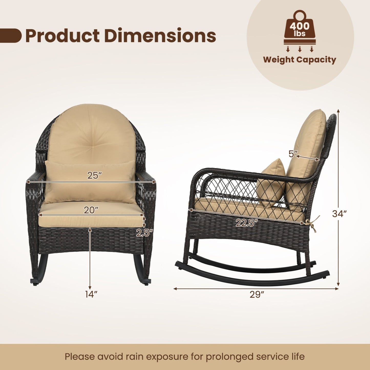 Outdoor Wicker Rocking Chair with Cushions - 400 LBS Capacity