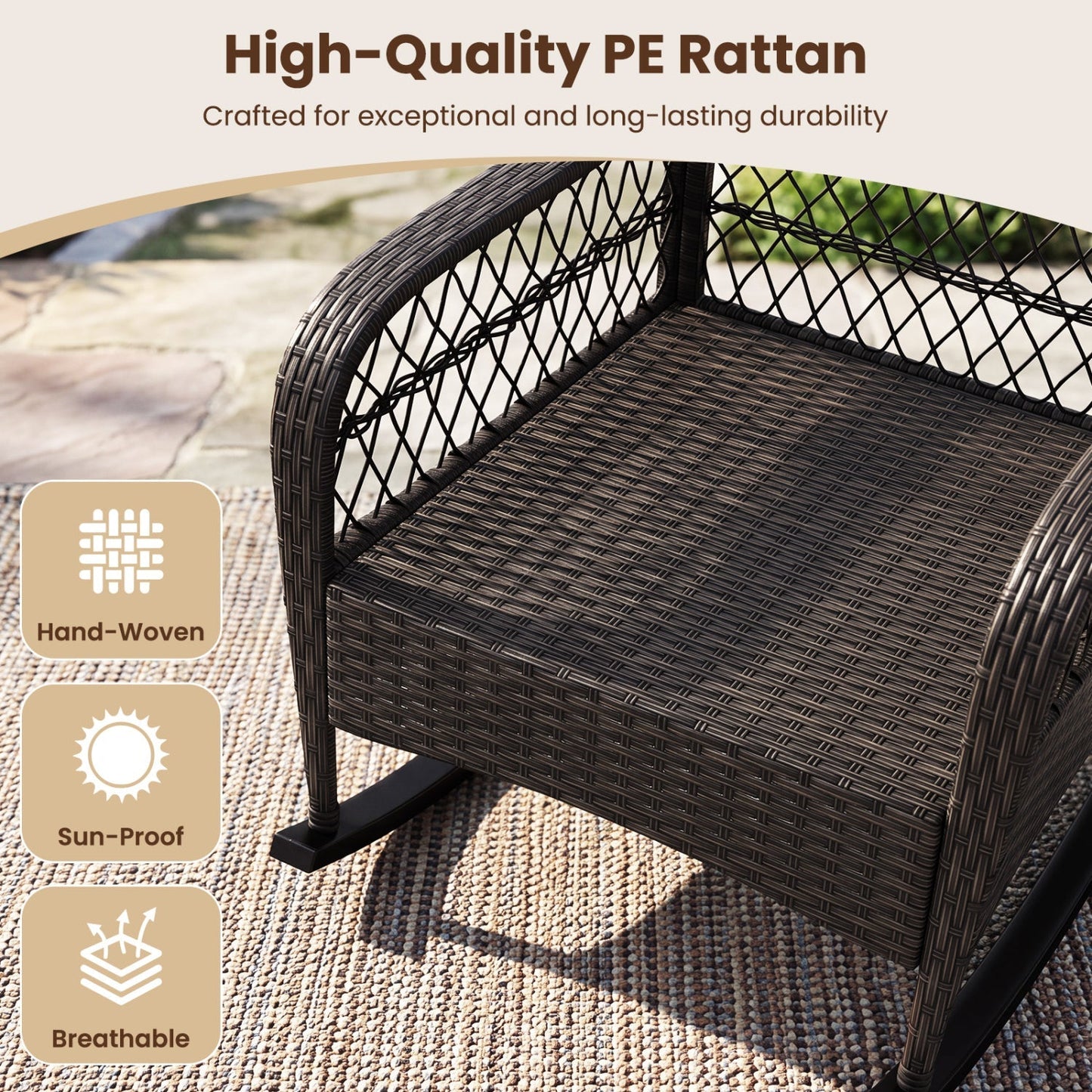 Outdoor Wicker Rocking Chair with Cushions - 400 LBS Capacity