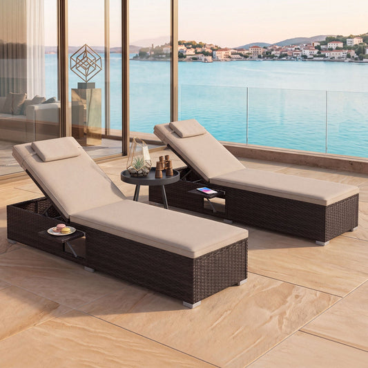 PE Rattan Chaise Lounge Set of 2 with 6-Position Adjustable Backrest and Foldable Side Table