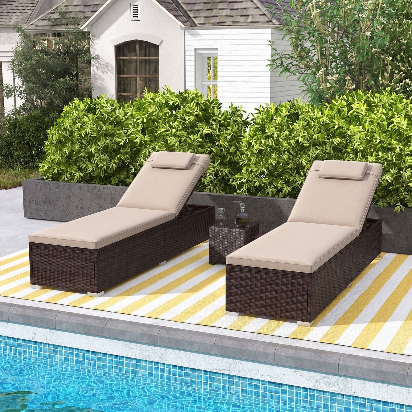 PE Rattan Chaise Lounge Set of 2 with 6-Position Adjustable Backrest and Foldable Side Table