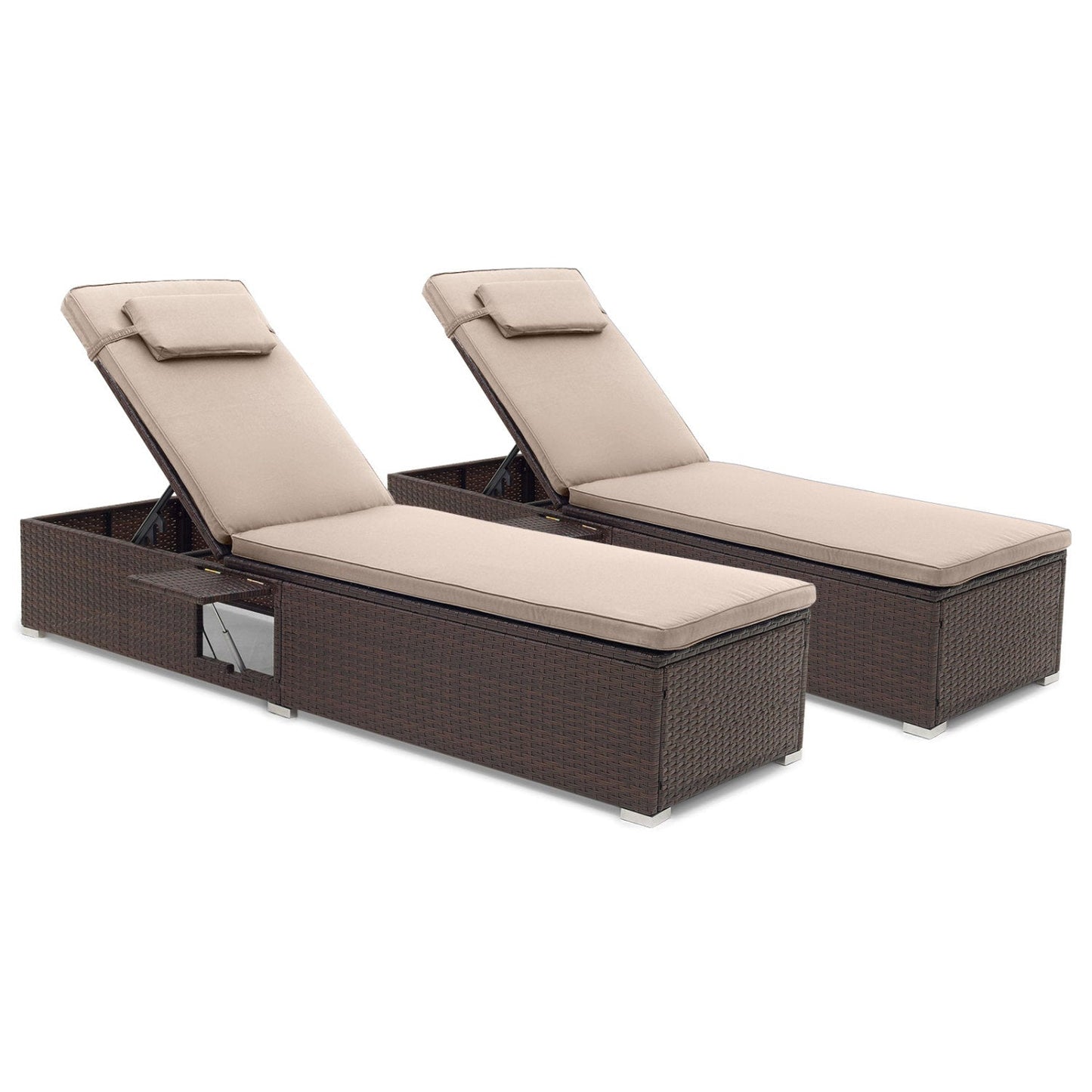 PE Rattan Chaise Lounge Set of 2 with 6-Position Adjustable Backrest and Foldable Side Table