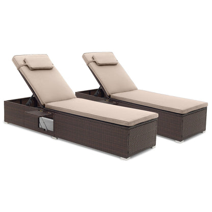 PE Rattan Chaise Lounge Set of 2 with 6-Position Adjustable Backrest and Foldable Side Table