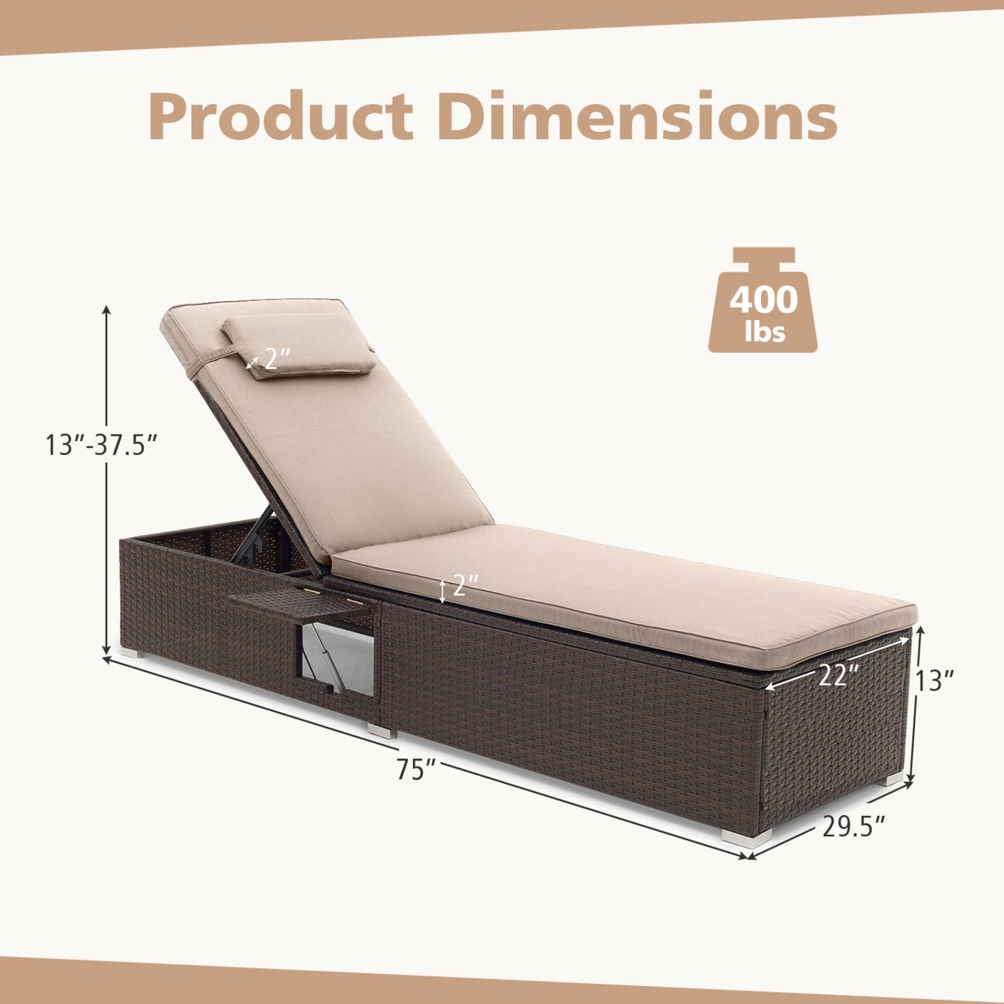 PE Rattan Chaise Lounge Set of 2 with 6-Position Adjustable Backrest and Foldable Side Table