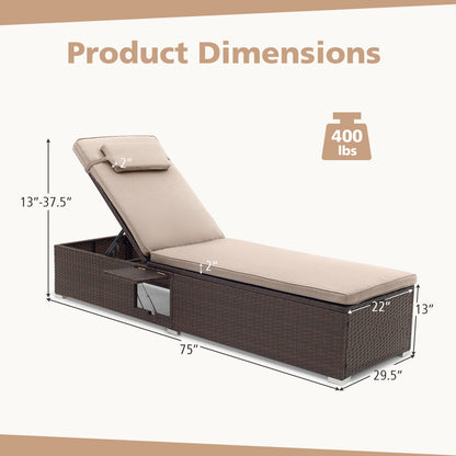 PE Rattan Chaise Lounge Set of 2 with 6-Position Adjustable Backrest and Foldable Side Table