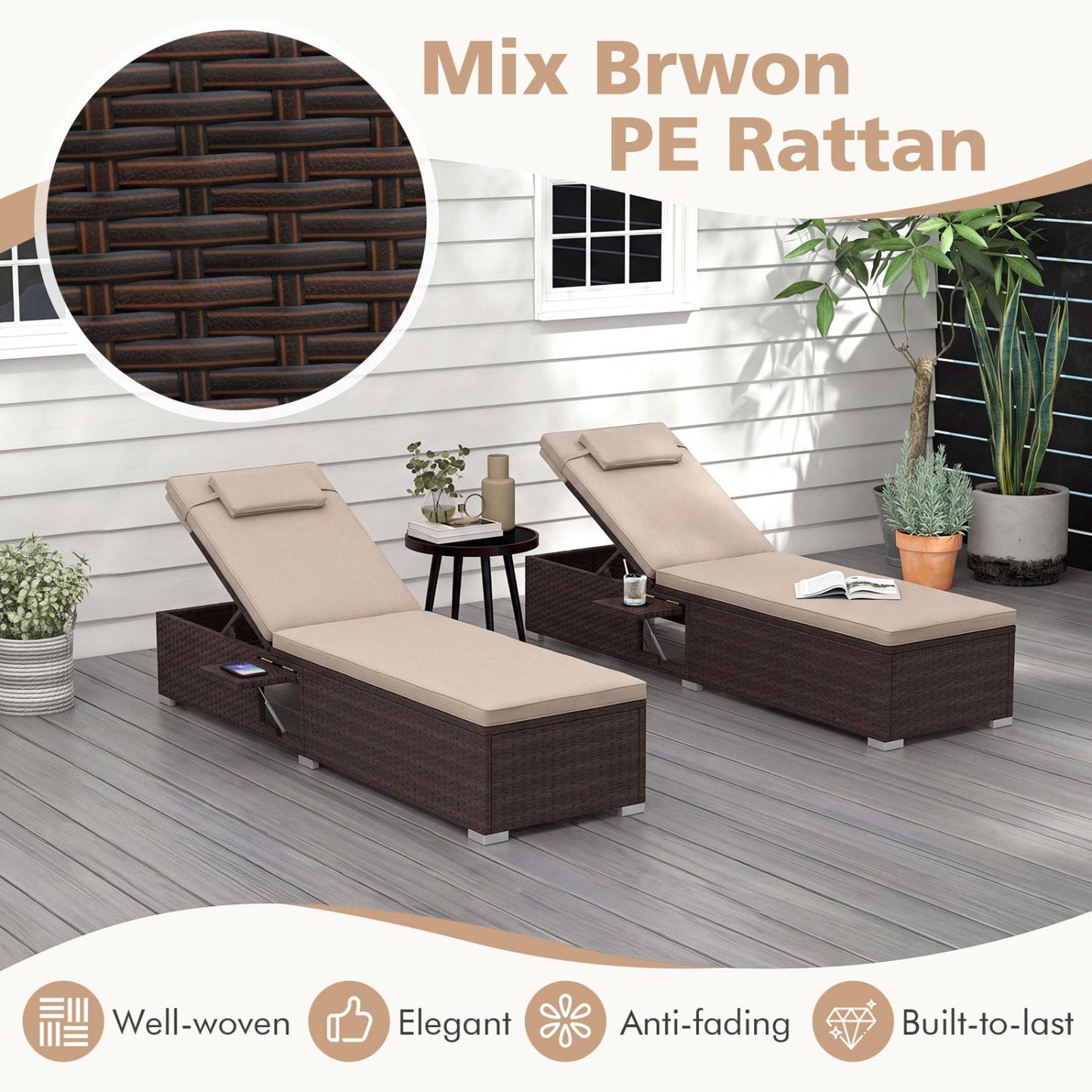 PE Rattan Chaise Lounge Set of 2 with 6-Position Adjustable Backrest and Foldable Side Table