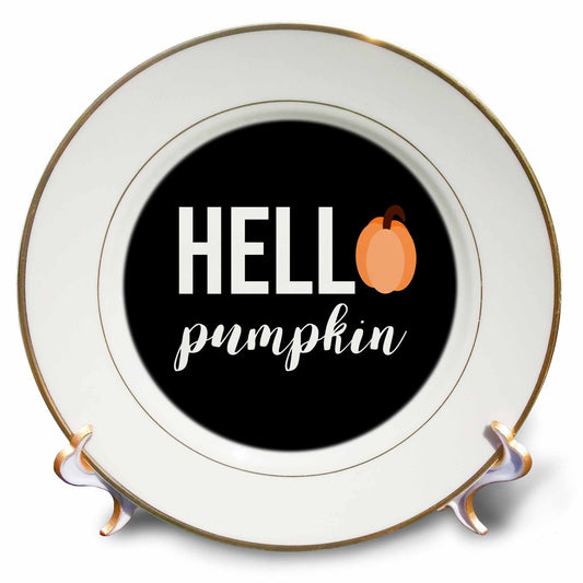 3dRose Stamp City - Typography - Hello Pumpkin with a Pumpkin as The o in Hello. White Letters on Black - Plates (cp_322366)