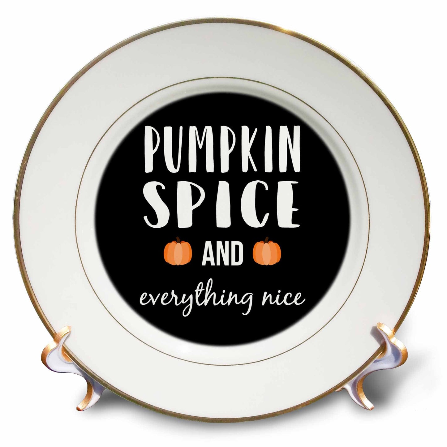 3dRose Stamp City - typography - Pumpkin spice and everything nice with two pumpkins. White on black. - Plates (cp_322414)