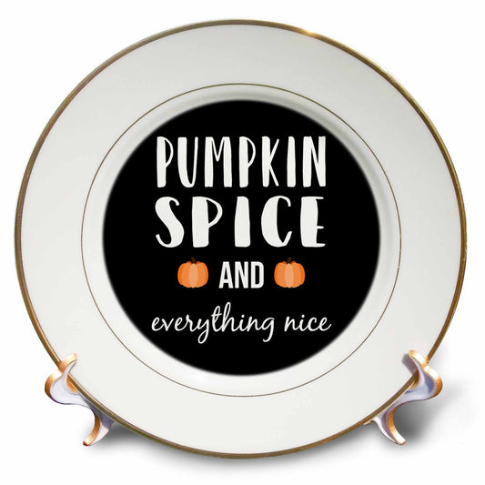 3dRose Stamp City - typography - Pumpkin spice and everything nice with two pumpkins. White on black. - Plates (cp_322414)
