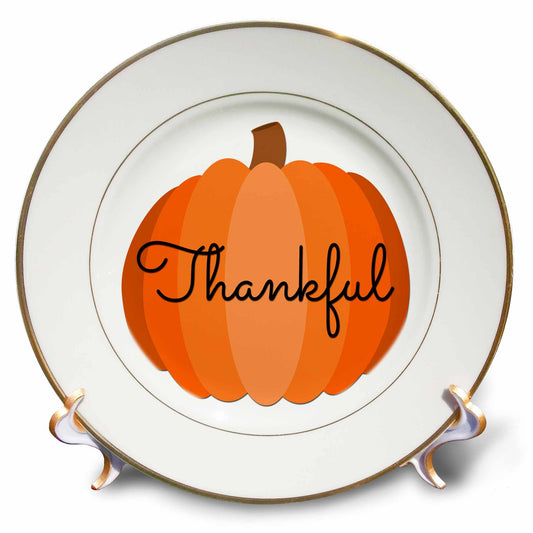 3dRose Stamp City - typography - Thankful in cursive black lettering on a pumpkin on white background. - Plates (cp_322433)