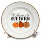 3dRose Stamp City - Typography - Welcome to Our Patch with Three Pumpkins. Black Letters on White. - Plates (cp_322444)