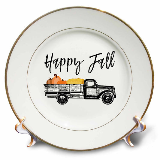 3dRose Stamp City - Typography - Happy Fall with Old Truck, Pumpkins, and hay Clipart. White backgound. - Plates (cp_324878)