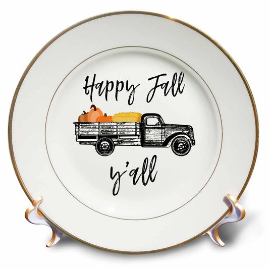 3dRose Stamp City - typography - Happy Fall Yall Old truck, pumpkins, and hay clipart. White backgound. - Plates (cp_324880)