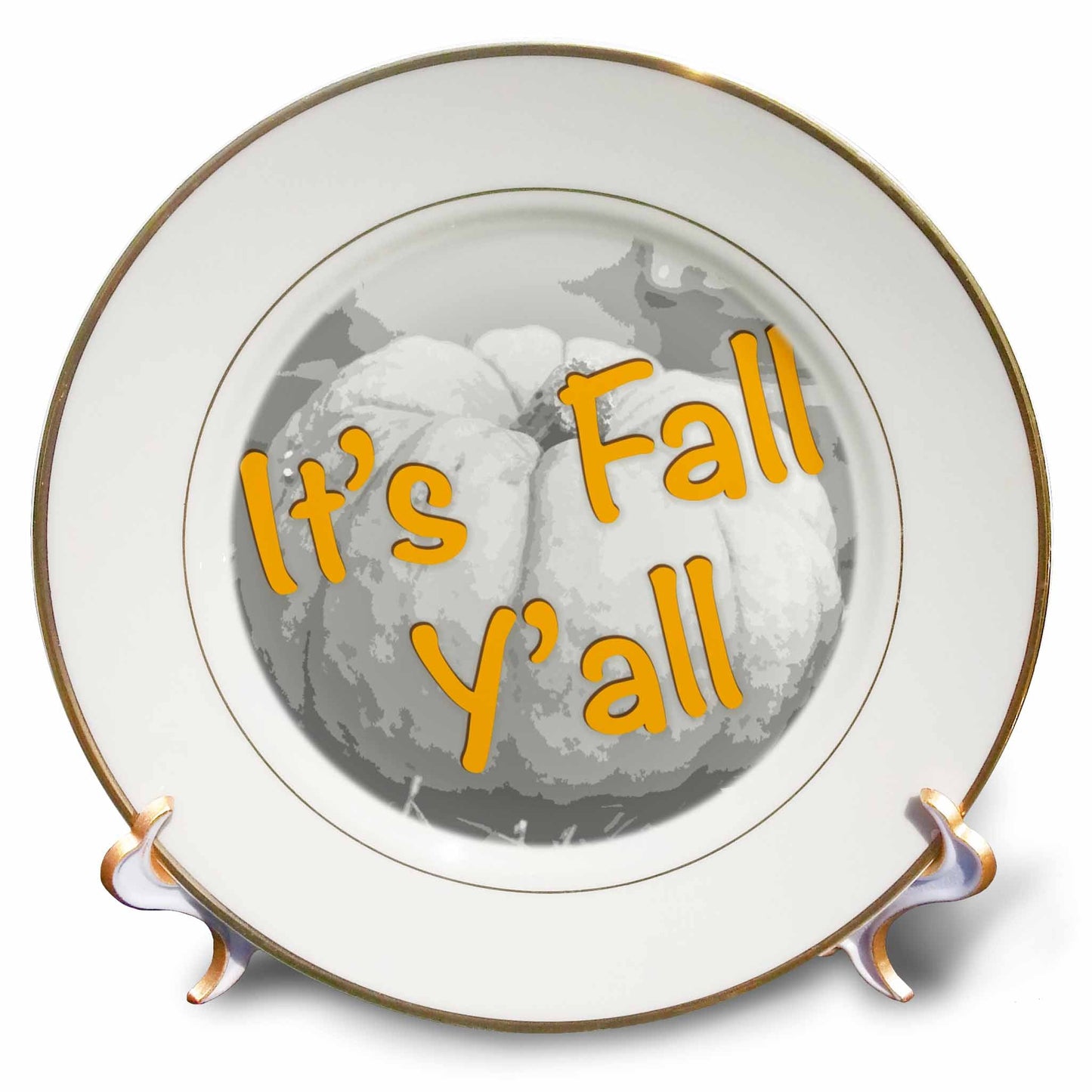 3dRose Its fall yall on an abstract black and white photograph of a pumpkin. - Plates (cp_337823)