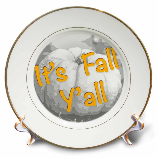 3dRose Its fall yall on an abstract black and white photograph of a pumpkin. - Plates (cp_337823)