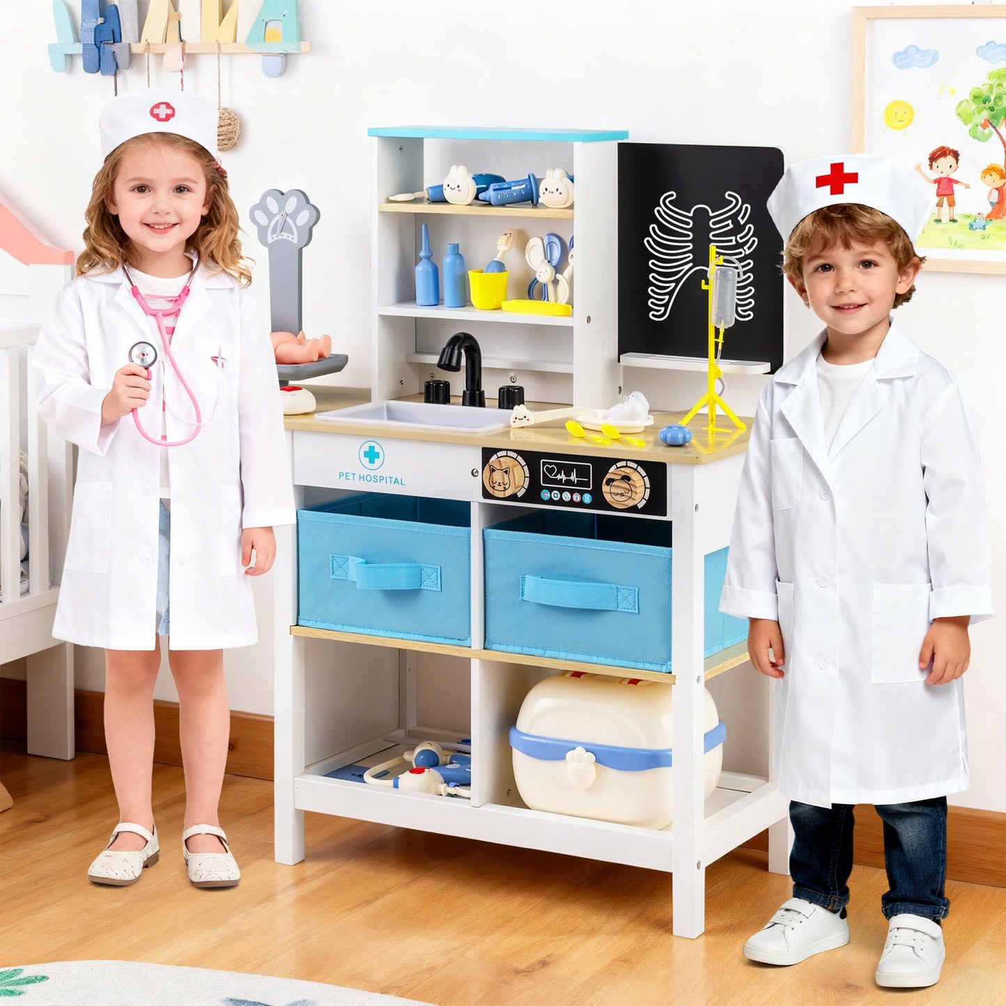 Play Doctor's Office Wood Medical Center Toy Set with Blackboard
