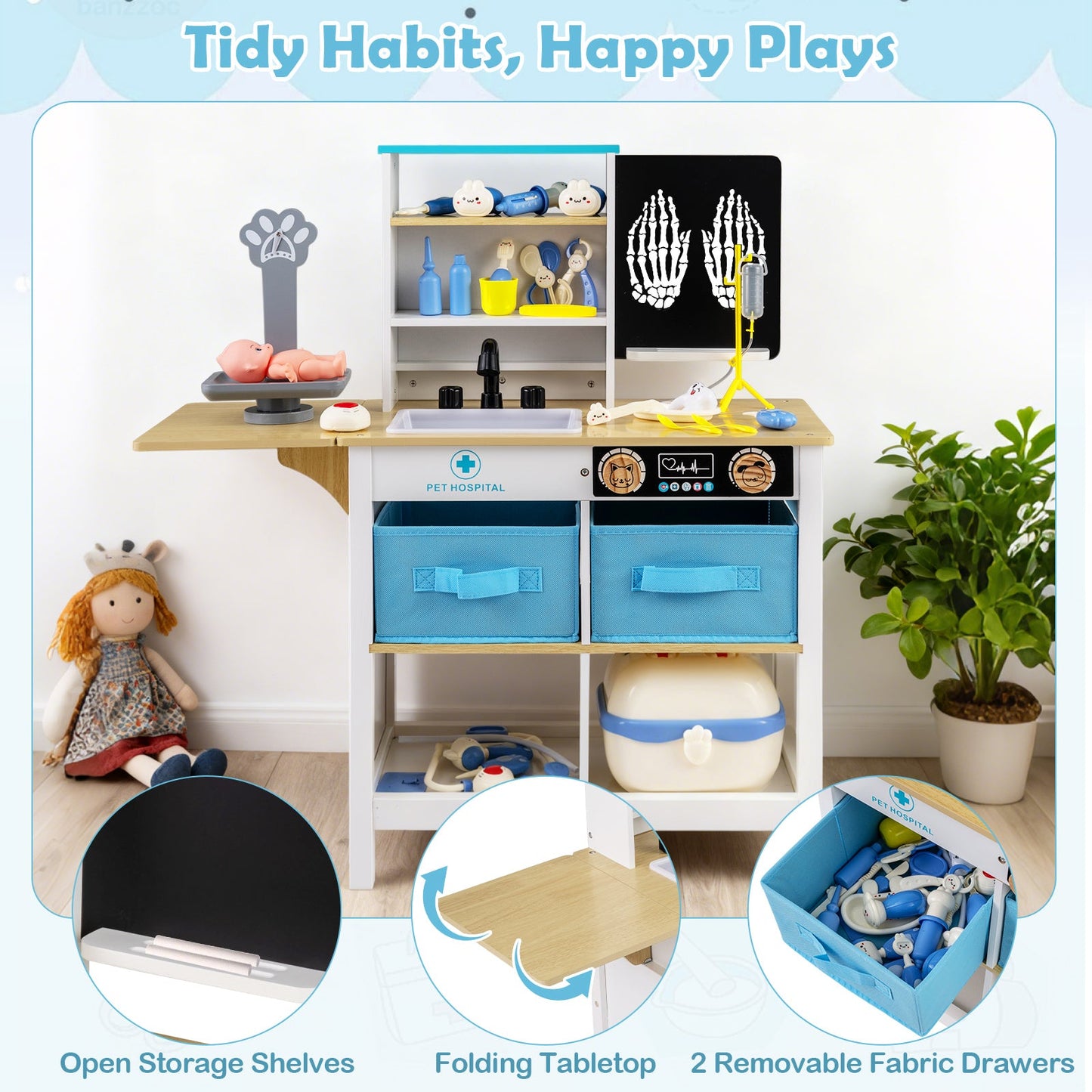 Play Doctor's Office Wood Medical Center Toy Set with Blackboard