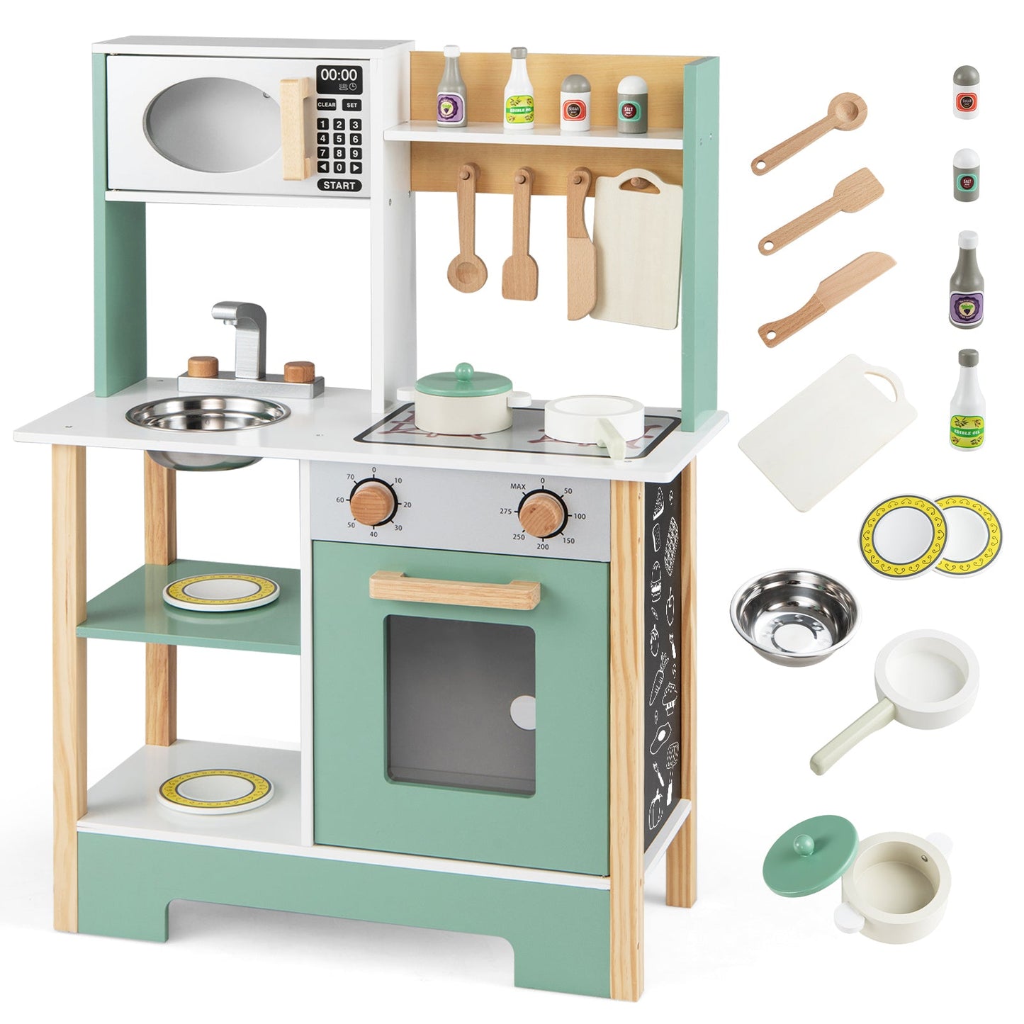 Play Kitchen Wooden Toy Kitchen Playset with Chalkboard Birthday Gift for Kids Aged 3 +