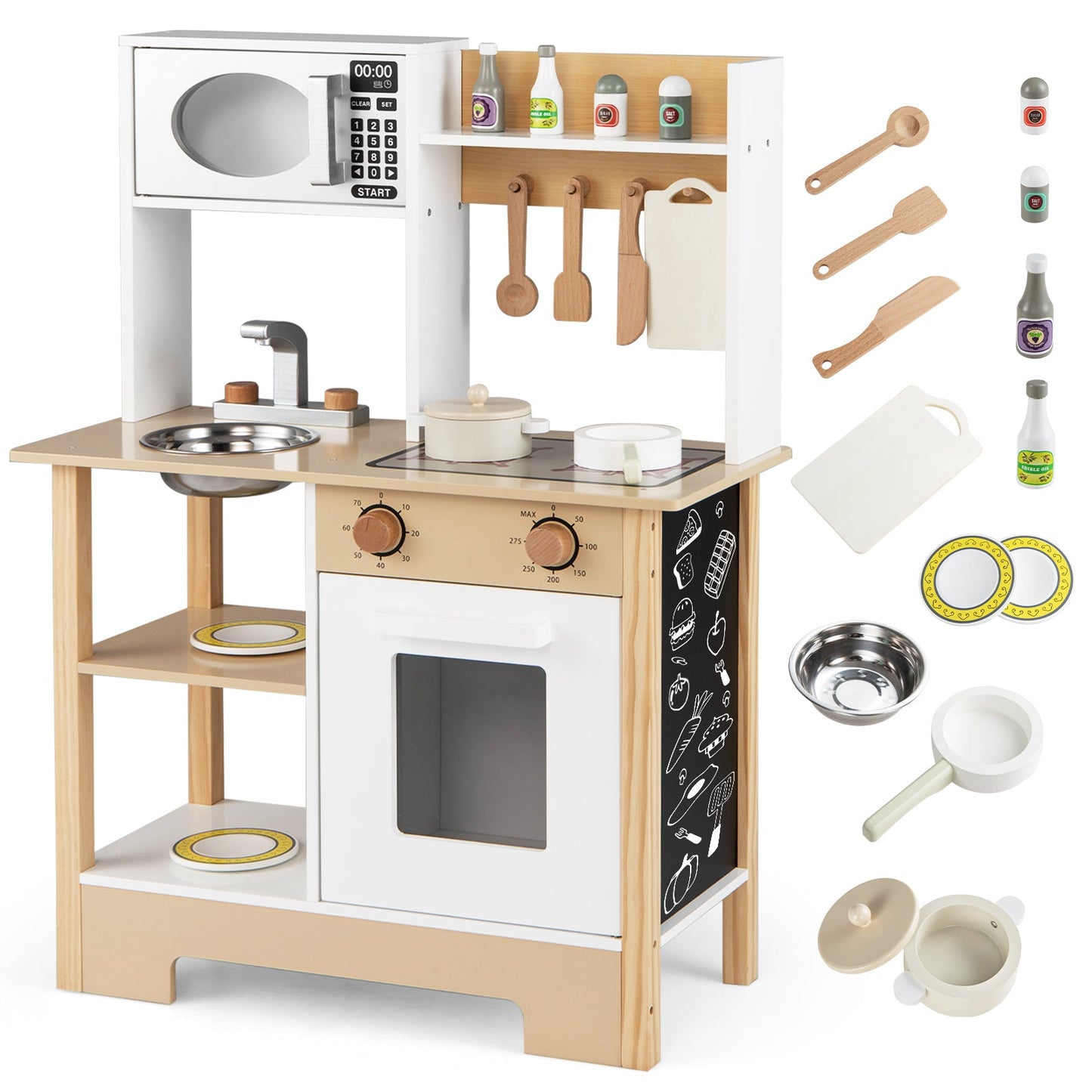 Play Kitchen Wooden Toy Kitchen Playset with Chalkboard Birthday Gift for Kids Aged 3 +