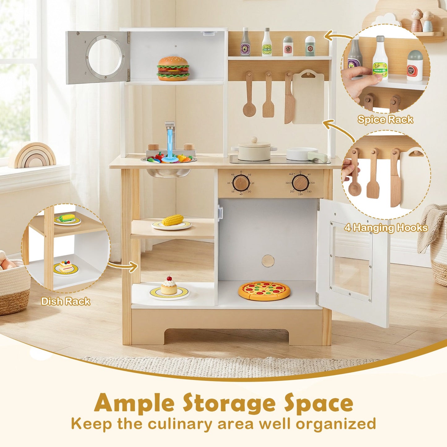 Play Kitchen Wooden Toy Kitchen Playset with Chalkboard Birthday Gift for Kids Aged 3 +