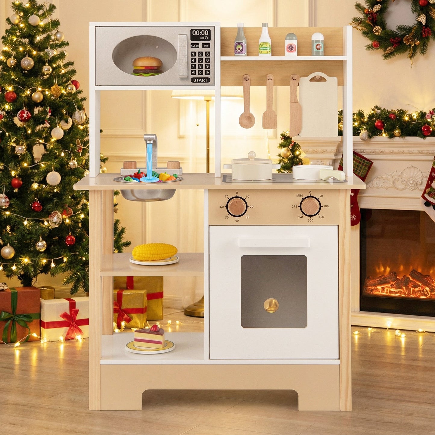 Play Kitchen Wooden Toy Kitchen Playset with Chalkboard Birthday Gift for Kids Aged 3 +