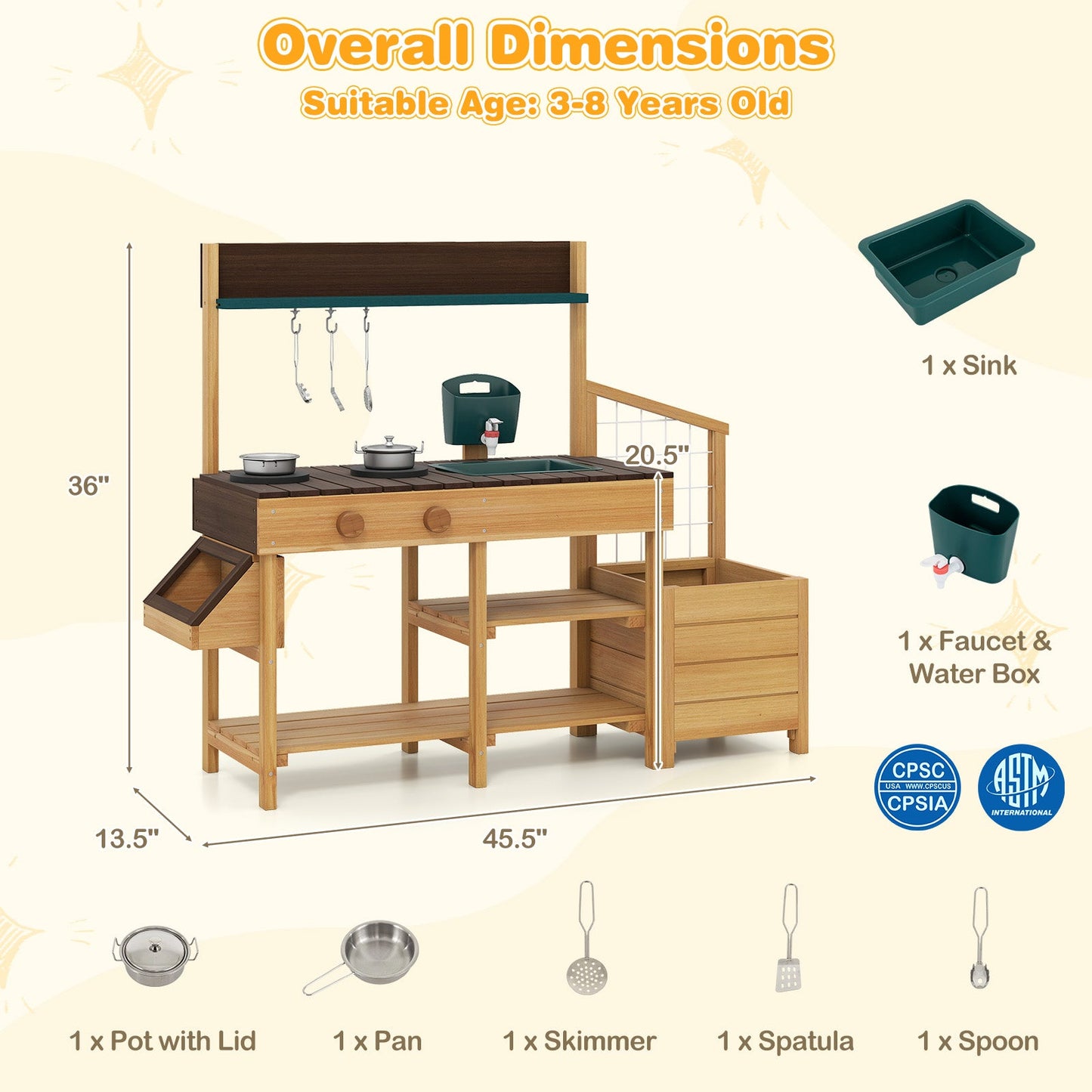 Play Kitchen for Kids Wooden Toy Kitchen Playset Pretend Mud Kitchen