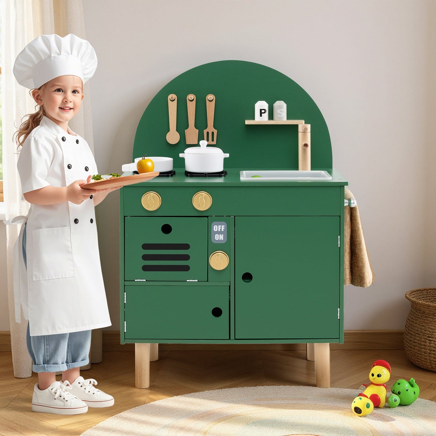 Play Kitchen for Kids Wooden Kitchen Playset with Stoves Faucet Sink Microwave and Oven