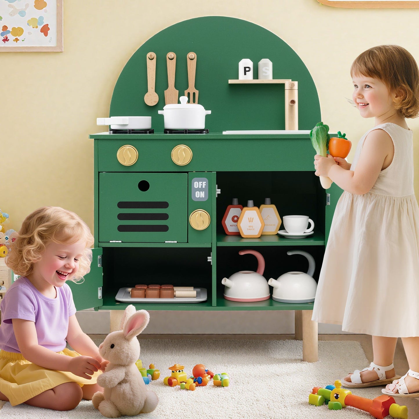 Play Kitchen for Kids Wooden Kitchen Playset with Stoves Faucet Sink Microwave and Oven