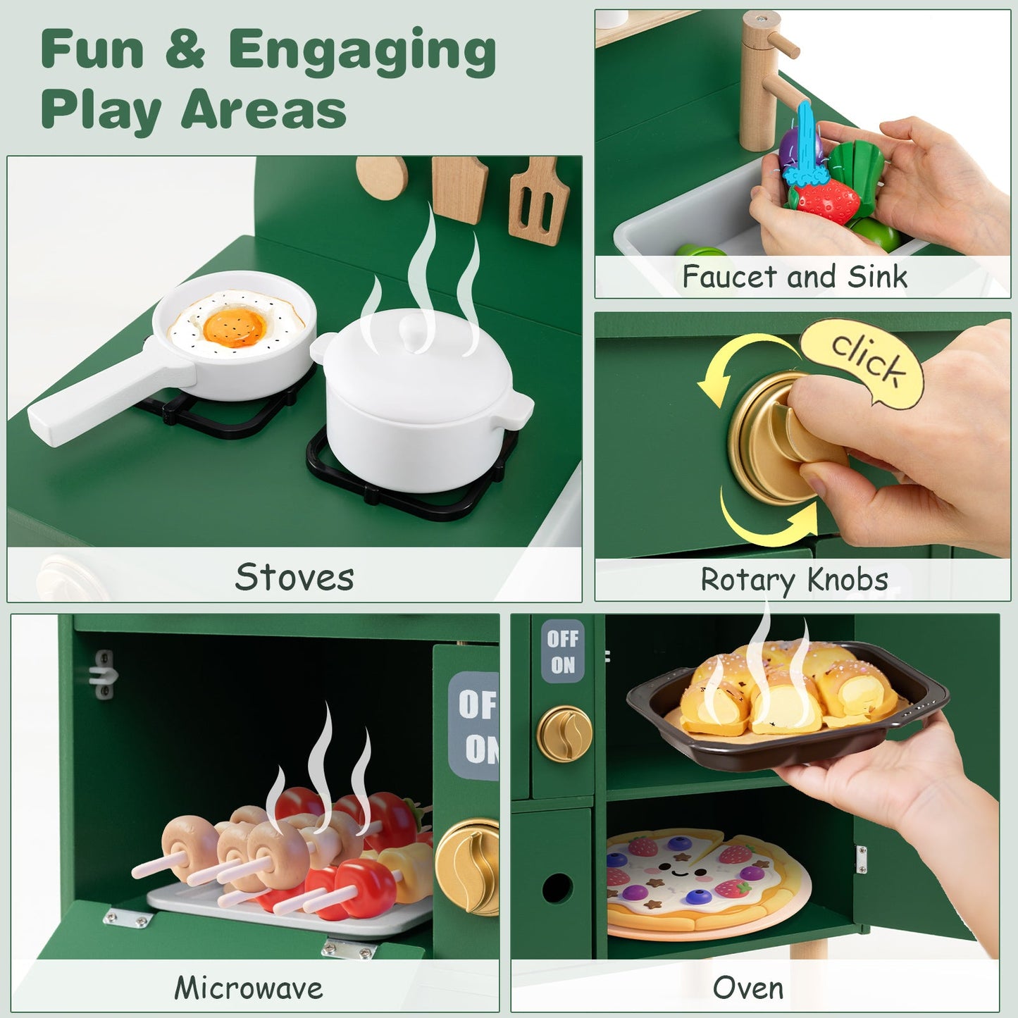Play Kitchen for Kids Wooden Kitchen Playset with Stoves Faucet Sink Microwave and Oven