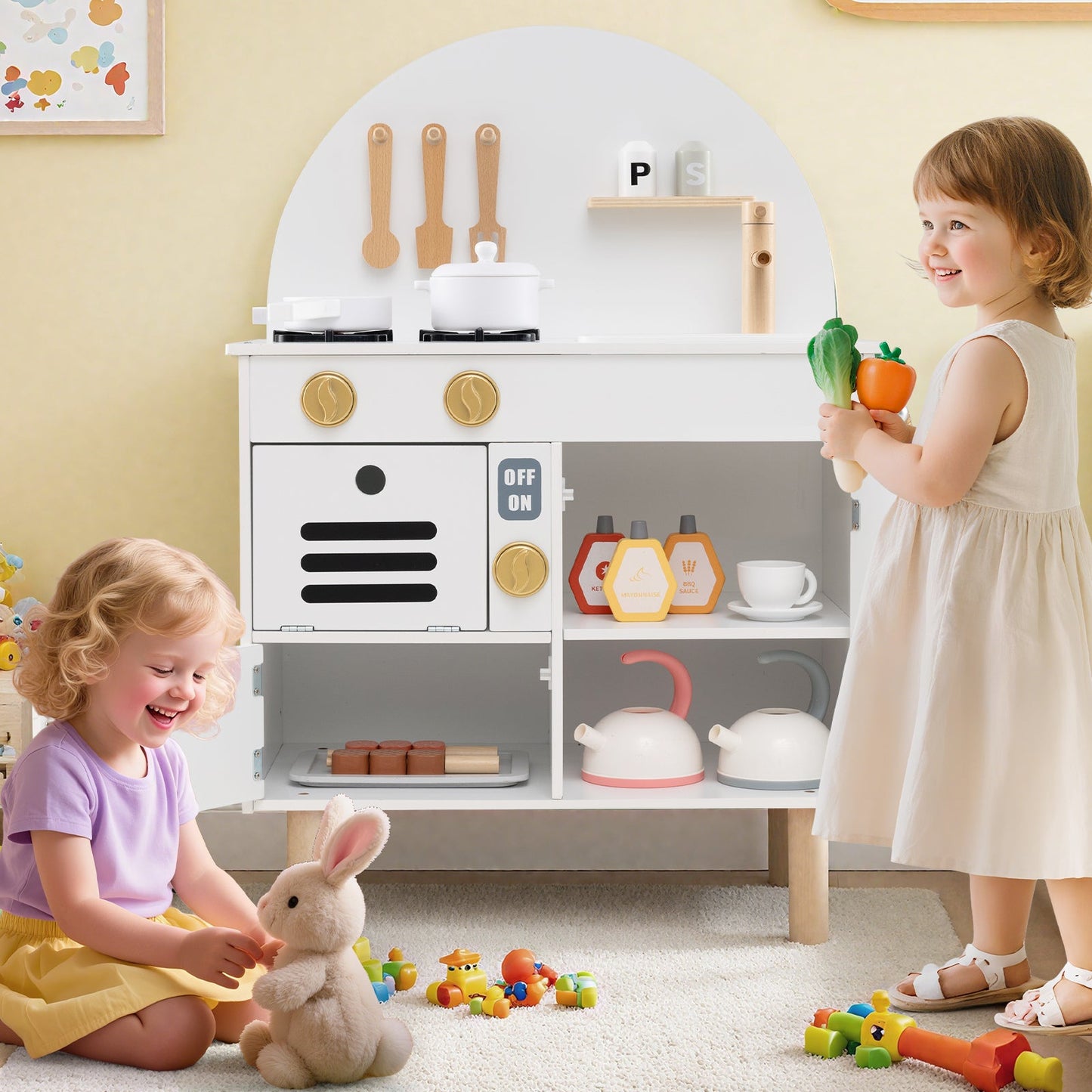 Play Kitchen for Kids Wooden Kitchen Playset with Stoves Faucet Sink Microwave and Oven