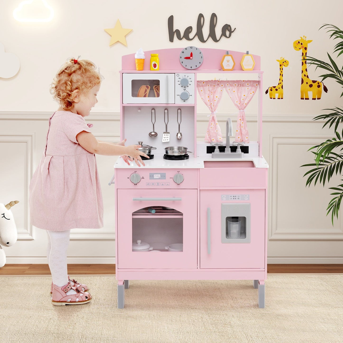 Play Kitchen for Kids Wooden Chef Pretend Playset with 3 Adjustable Heights Microwave