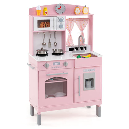 Play Kitchen for Kids Wooden Chef Pretend Playset with 3 Adjustable Heights Microwave