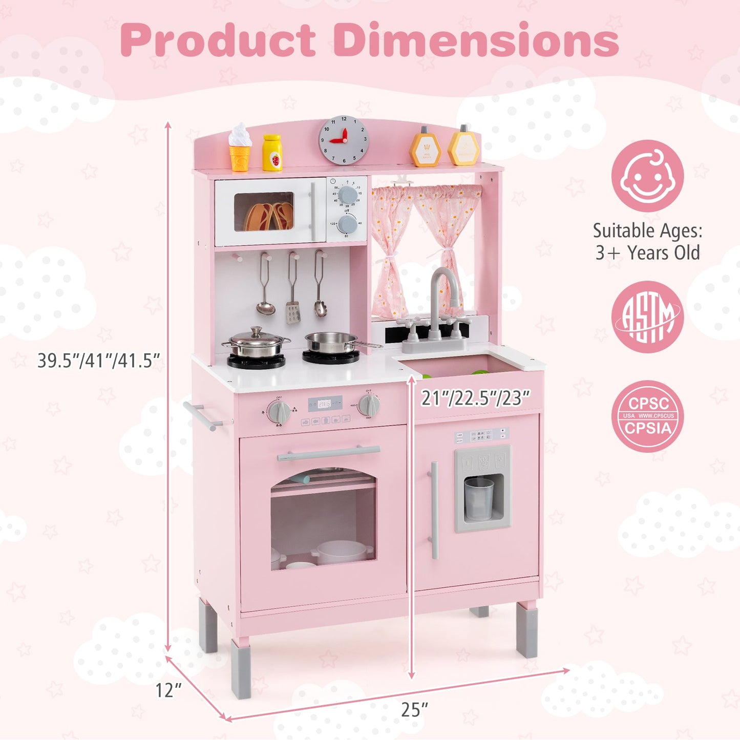Play Kitchen for Kids Wooden Chef Pretend Playset with 3 Adjustable Heights Microwave