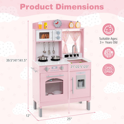 Play Kitchen for Kids Wooden Chef Pretend Playset with 3 Adjustable Heights Microwave