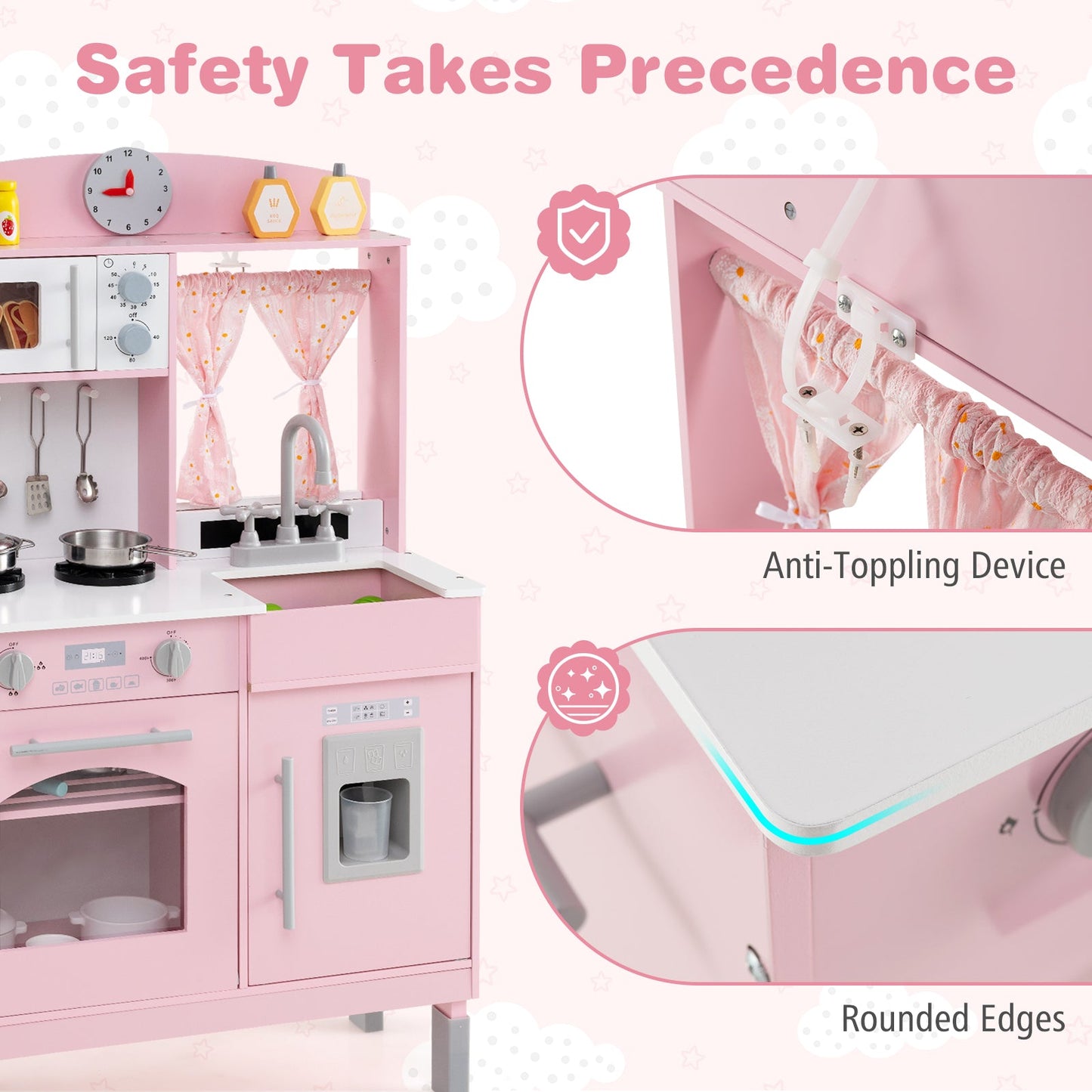 Play Kitchen for Kids Wooden Chef Pretend Playset with 3 Adjustable Heights Microwave