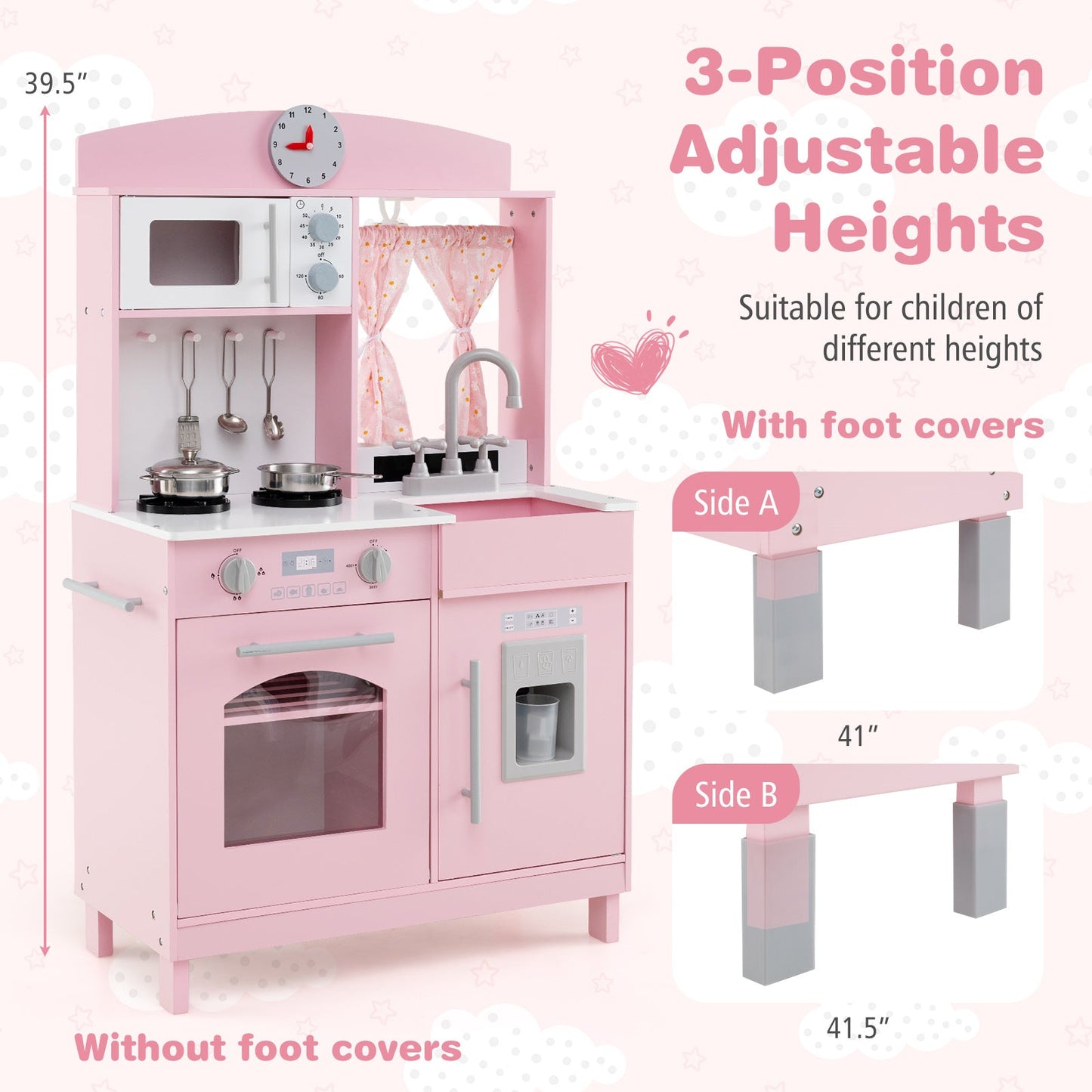 Play Kitchen for Kids Wooden Chef Pretend Playset with 3 Adjustable Heights Microwave