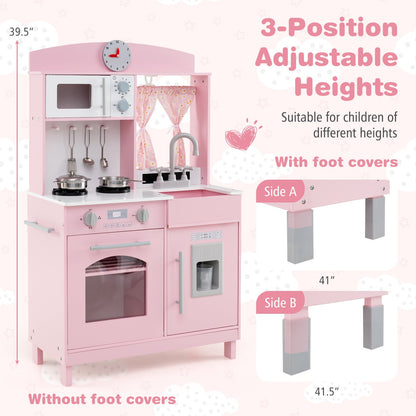 Play Kitchen for Kids Wooden Chef Pretend Playset with 3 Adjustable Heights Microwave