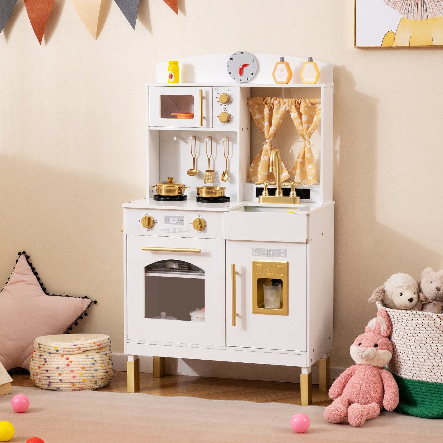 Play Kitchen for Kids Wooden Chef Pretend Playset with 3 Adjustable Heights Microwave