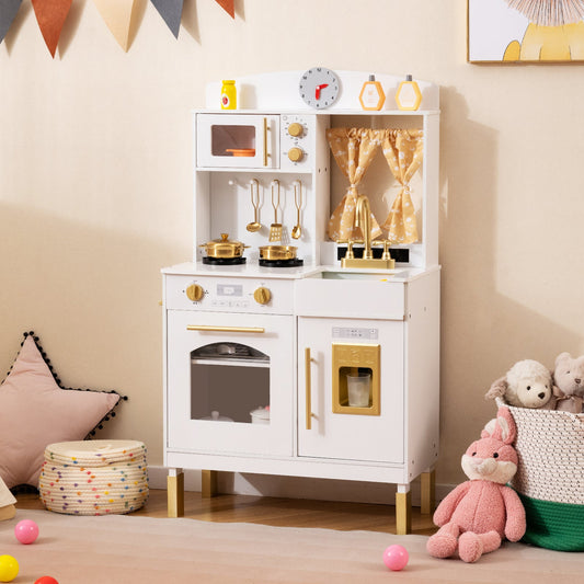 Play Kitchen for Kids Wooden Chef Pretend Playset with 3 Adjustable Heights Microwave